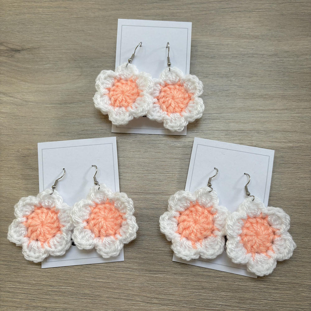 Peach and White Crochet Flower Surgical Steel Hook Earrings