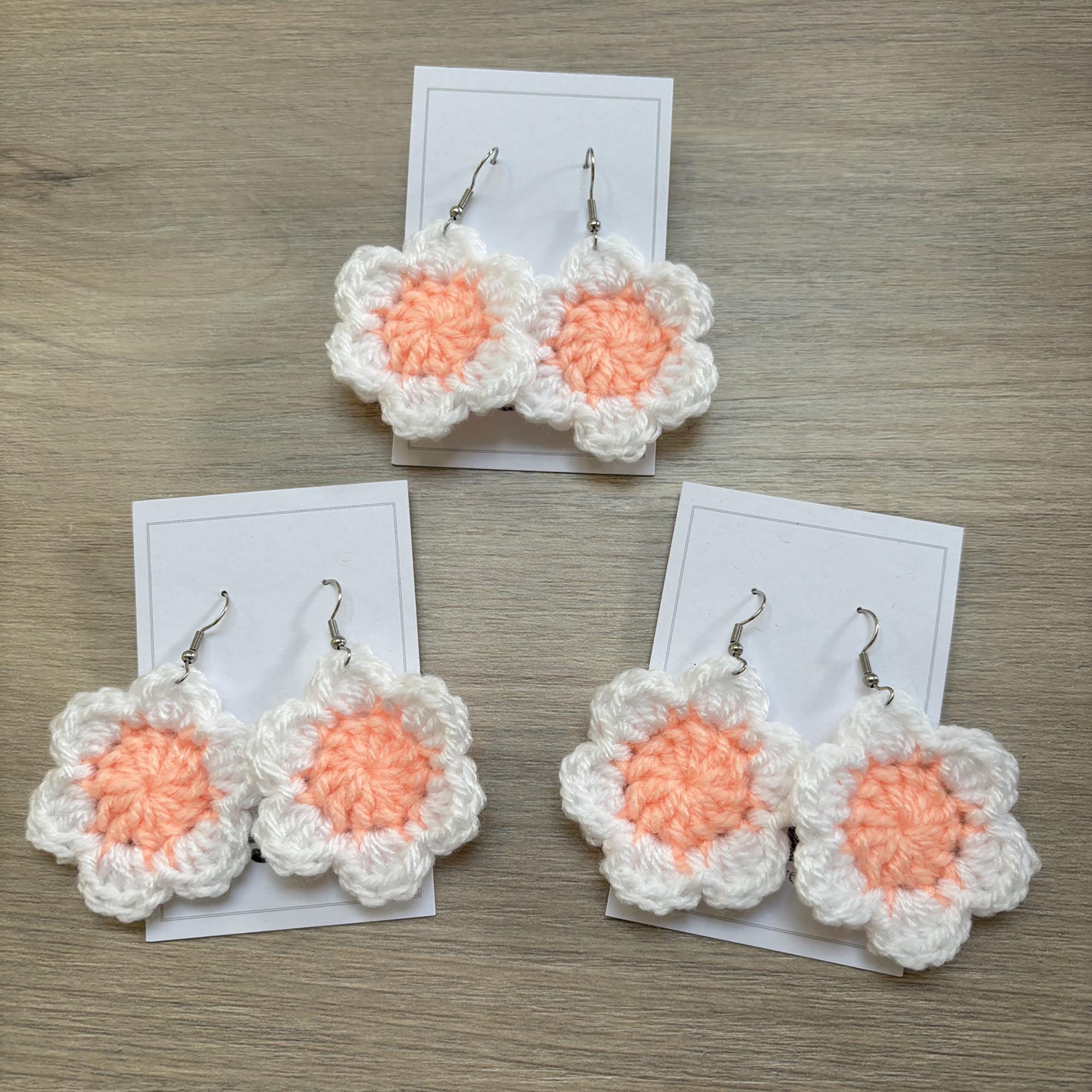 Peach and White Crochet Flower Surgical Steel Hook Earrings