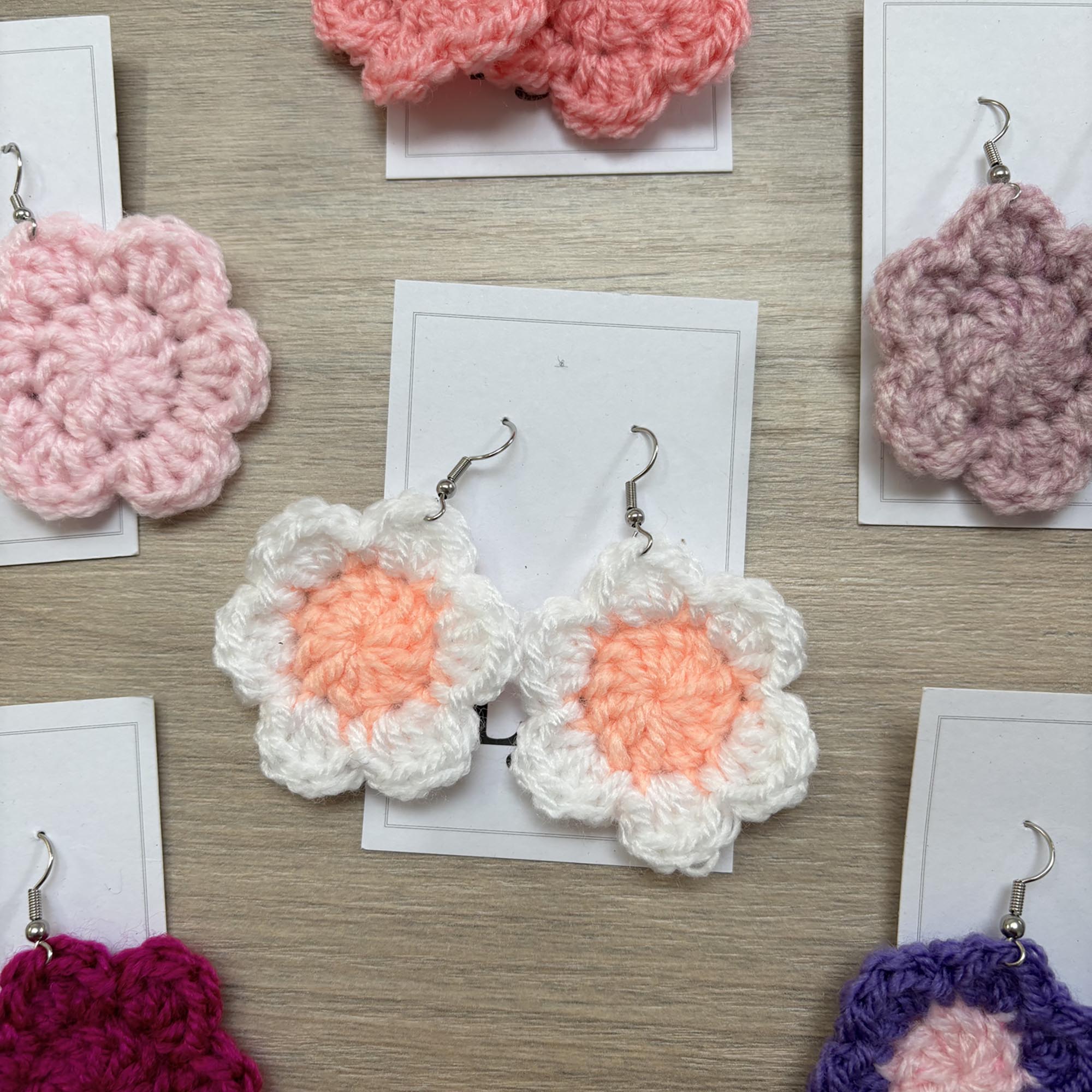 Peach and White Crochet Flower Surgical Steel Hook Earrings