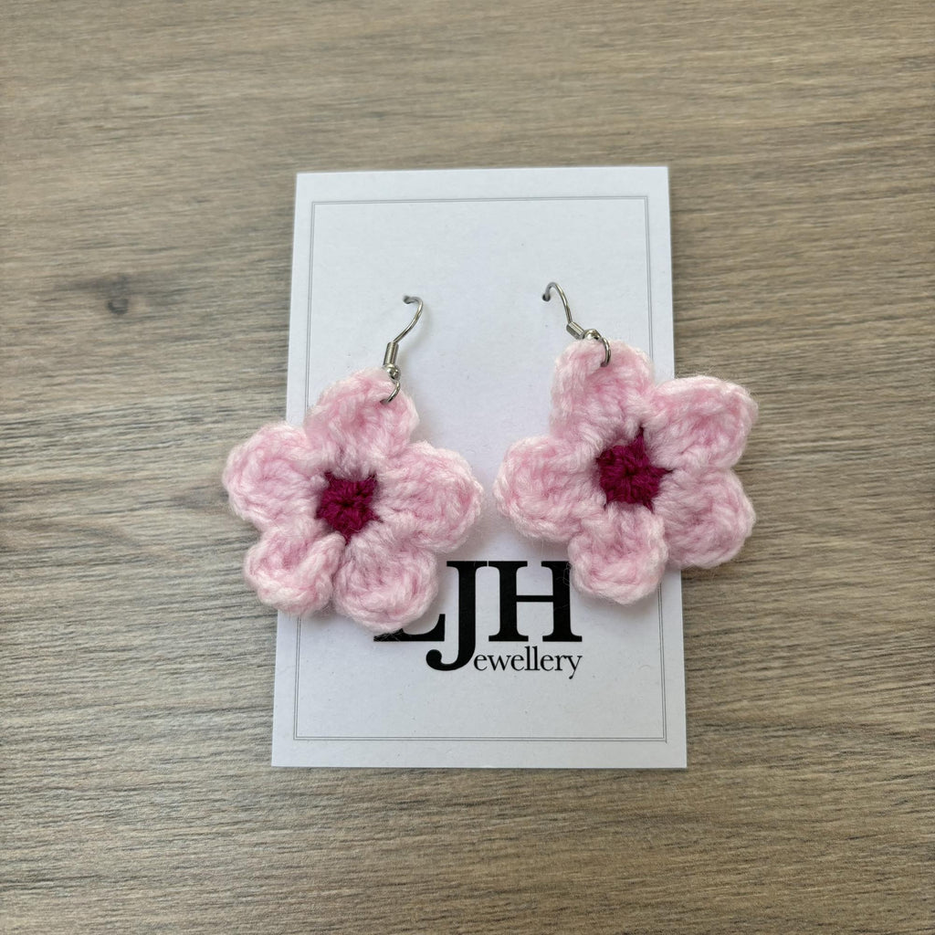 Cherry Blossom Crochet Flower Surgical Steel Hook Earrings