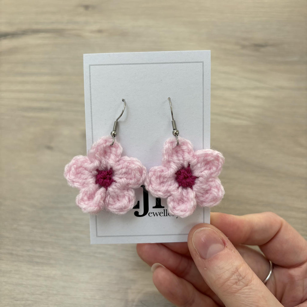 Cherry Blossom Crochet Flower Surgical Steel Hook Earrings