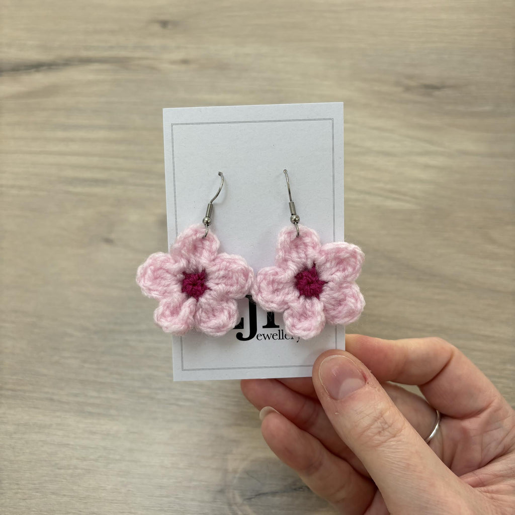 Cherry Blossom Crochet Flower Surgical Steel Hook Earrings
