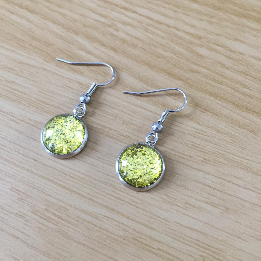 Handmade Lime Green Glitter Cabochon Surgical Steel Hook Earrings 14mm