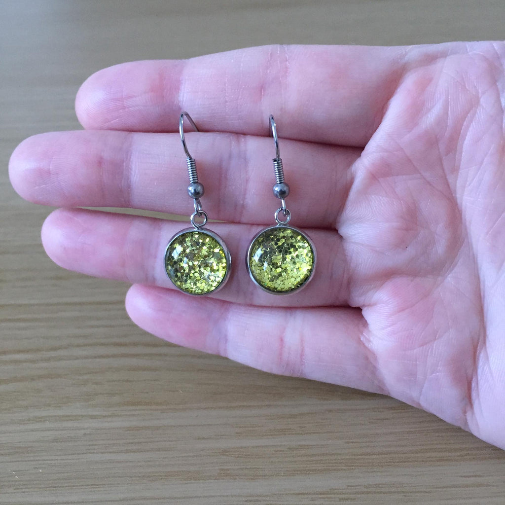 Handmade Lime Green Glitter Cabochon Surgical Steel Hook Earrings 14mm