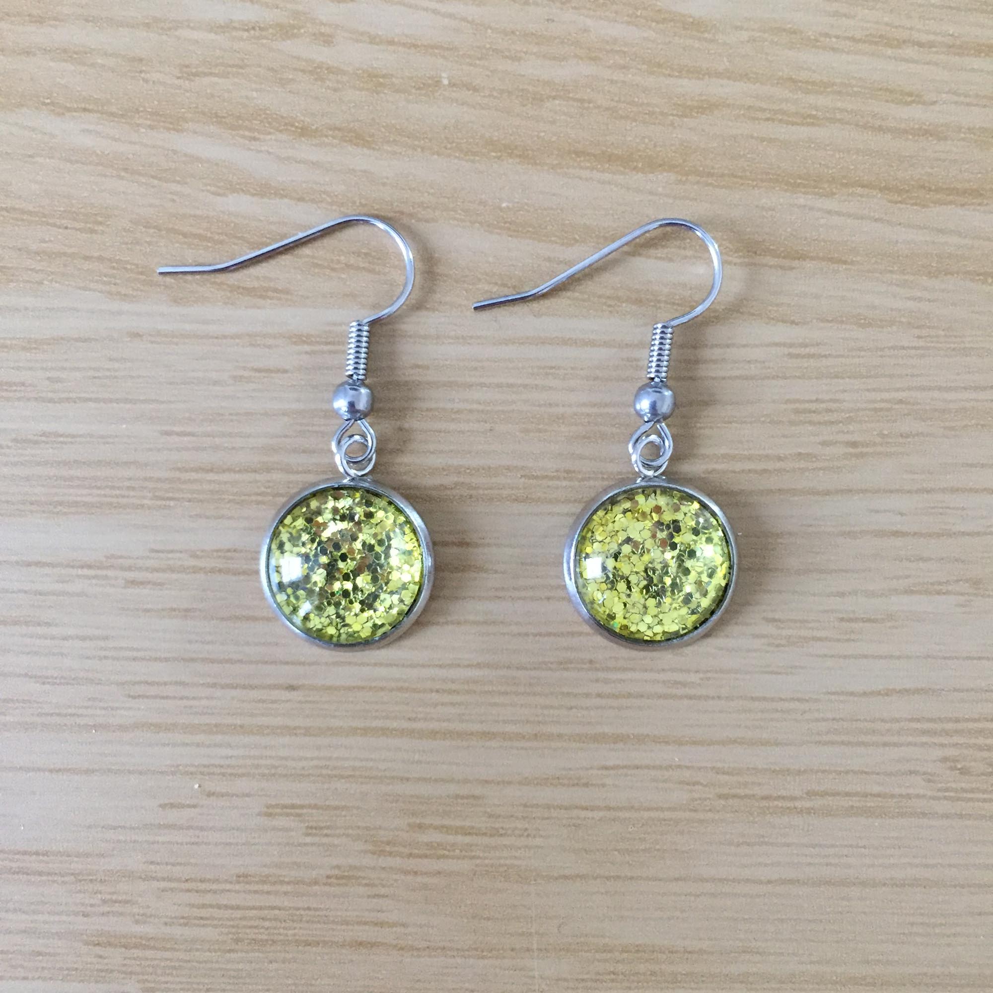 Handmade Lime Green Glitter Cabochon Surgical Steel Hook Earrings 14mm