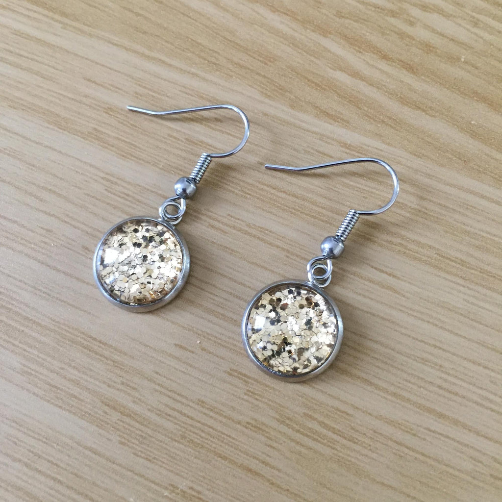 Handmade Gold Glitter Cabochon Surgical Steel Hook Earrings 14mm