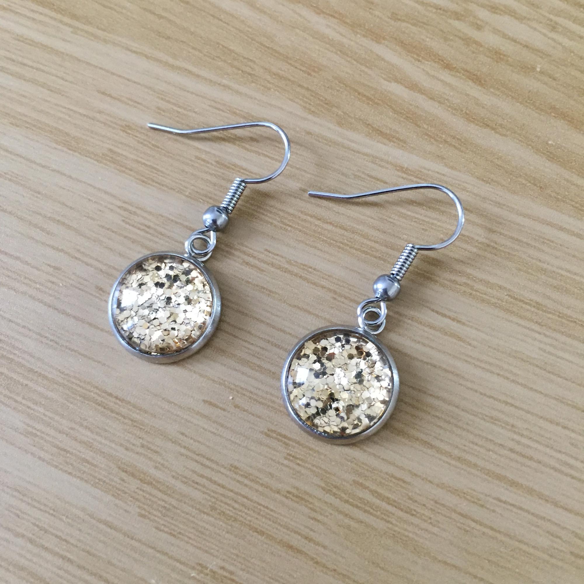 Handmade Gold Glitter Cabochon Surgical Steel Hook Earrings 14mm