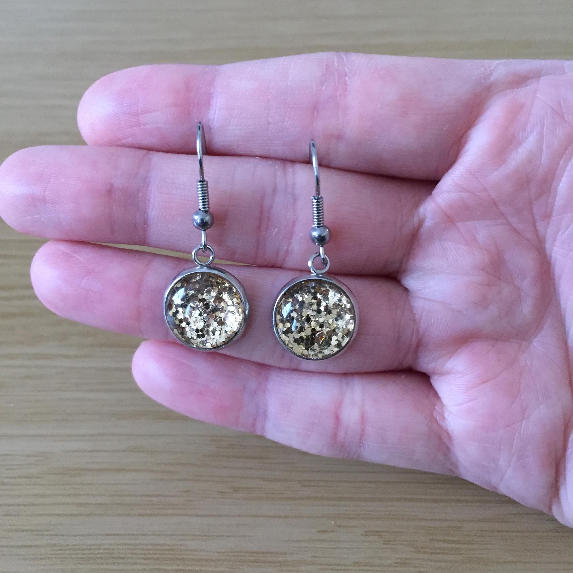 Handmade Gold Glitter Cabochon Surgical Steel Hook Earrings 14mm