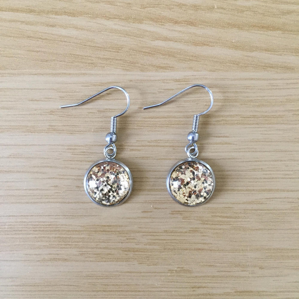 Handmade Gold Glitter Cabochon Surgical Steel Hook Earrings 14mm
