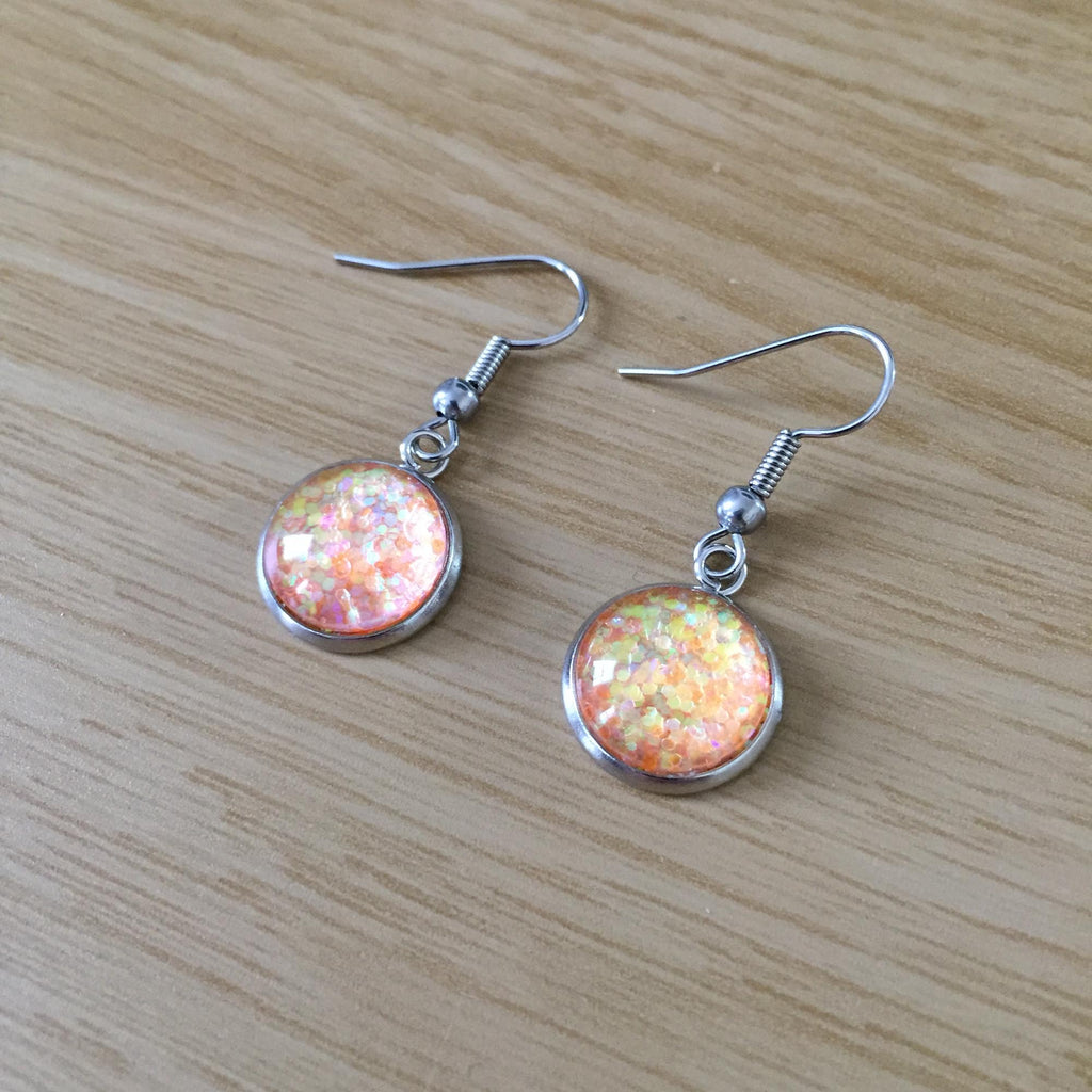 Handmade Orange Glitter Cabochon Surgical Steel Hook Earrings 14mm