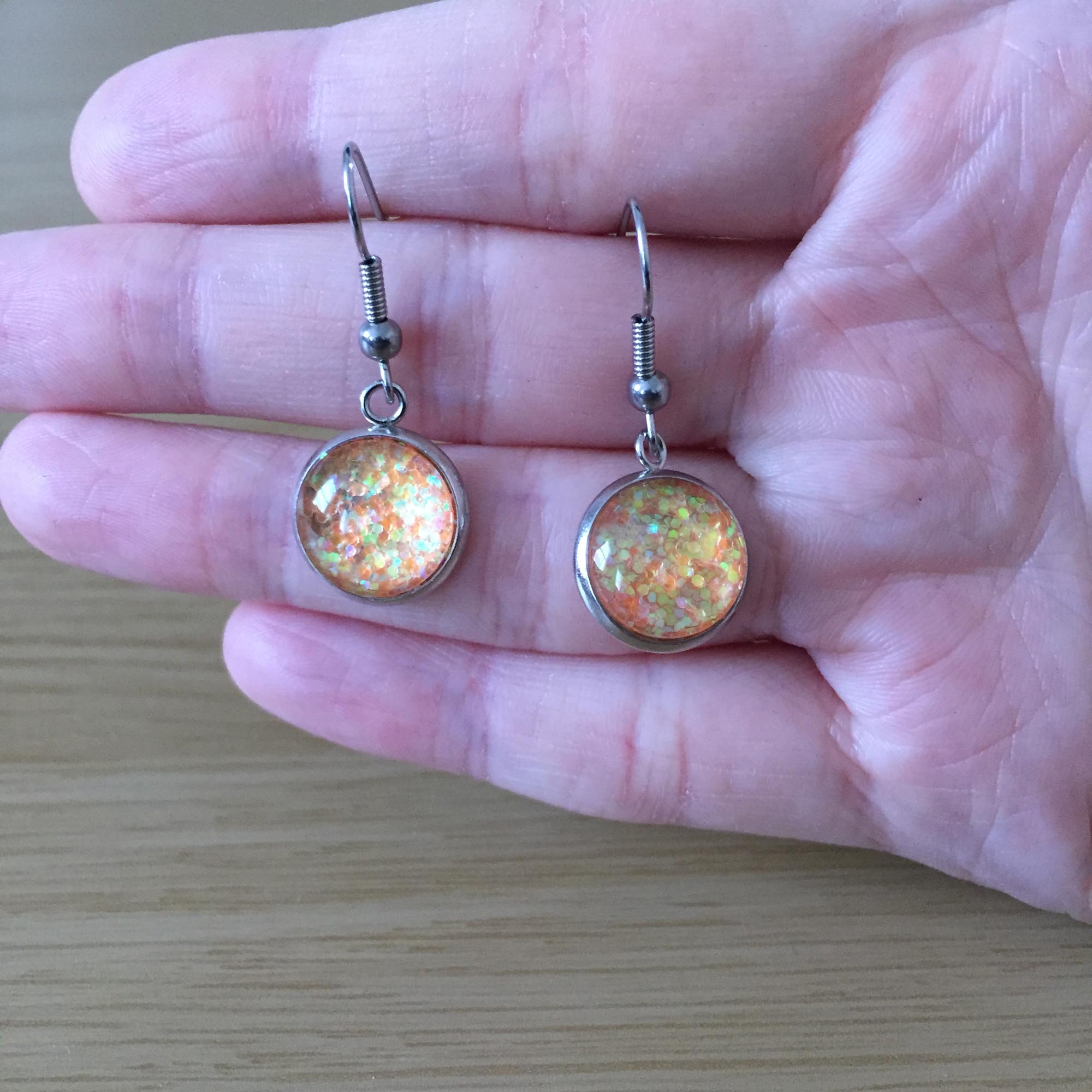 Handmade Orange Glitter Cabochon Surgical Steel Hook Earrings 14mm