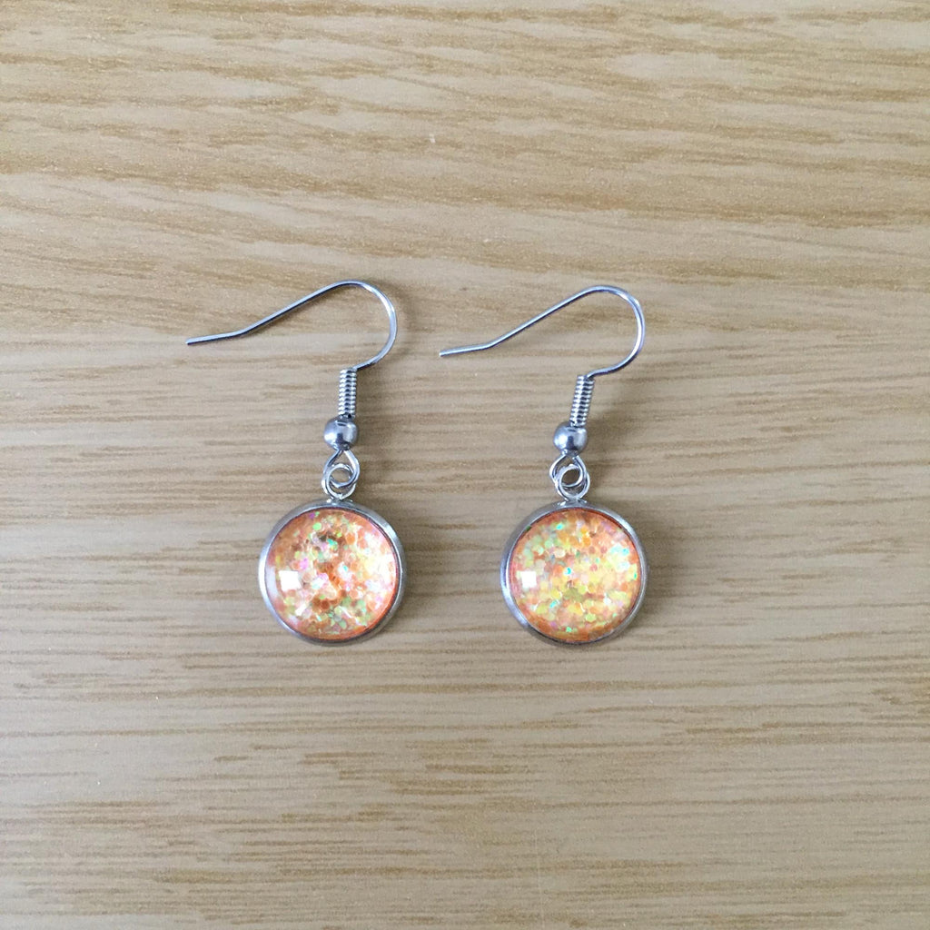 Handmade Orange Glitter Cabochon Surgical Steel Hook Earrings 14mm