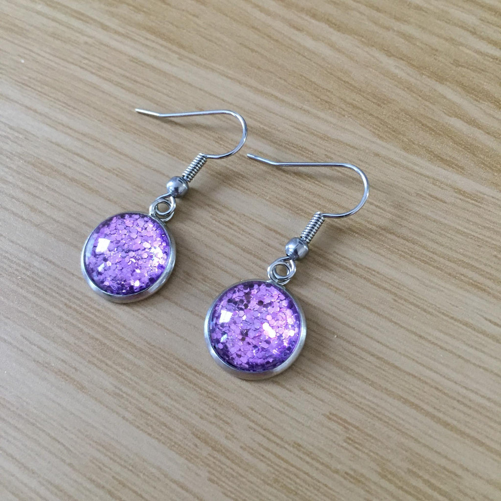 Handmade Purple Glitter Cabochon Surgical Steel Hook Earrings 14mm
