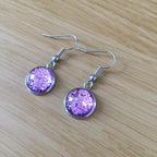 Handmade Purple Glitter Cabochon Surgical Steel Hook Earrings 14mm