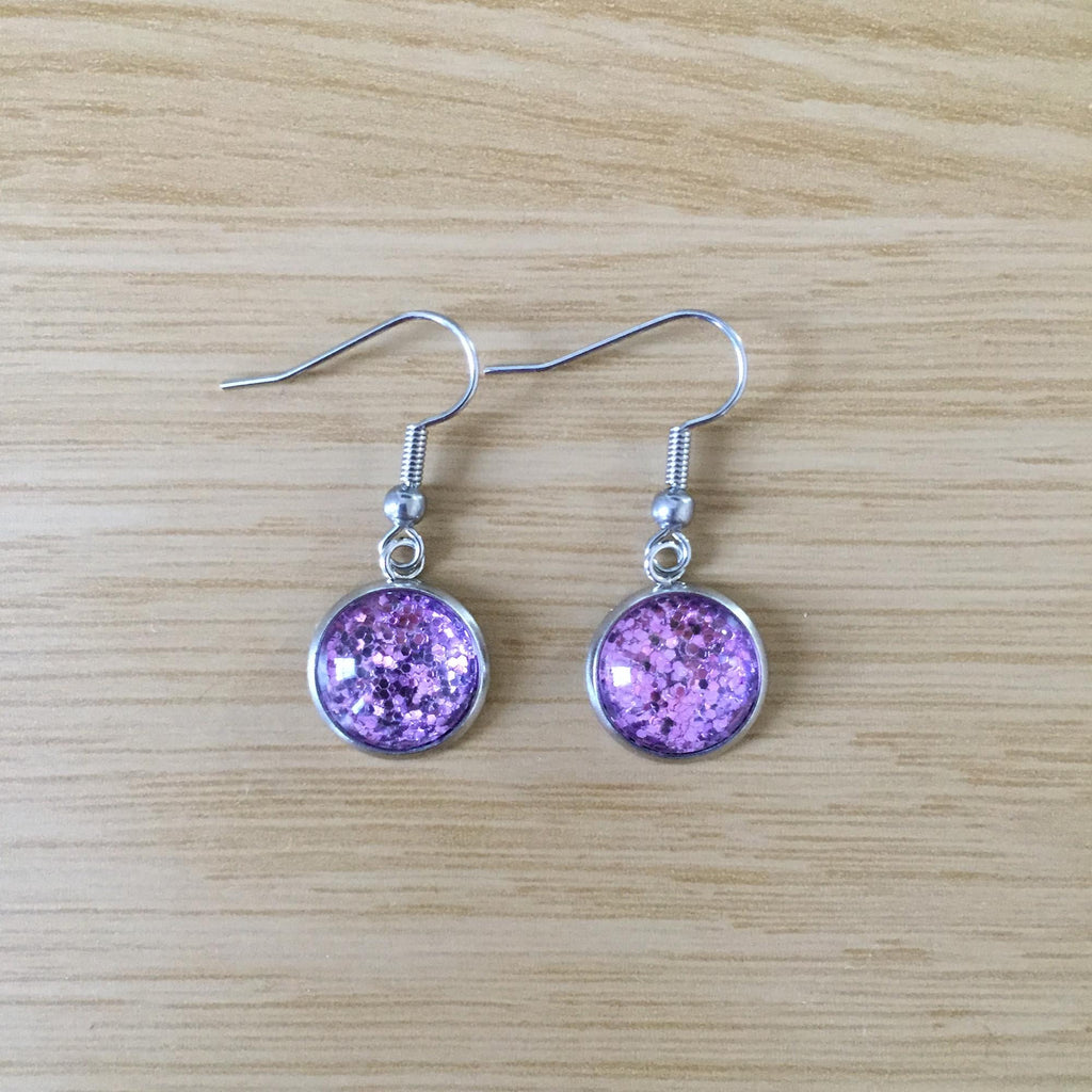 Handmade Purple Glitter Cabochon Surgical Steel Hook Earrings 14mm
