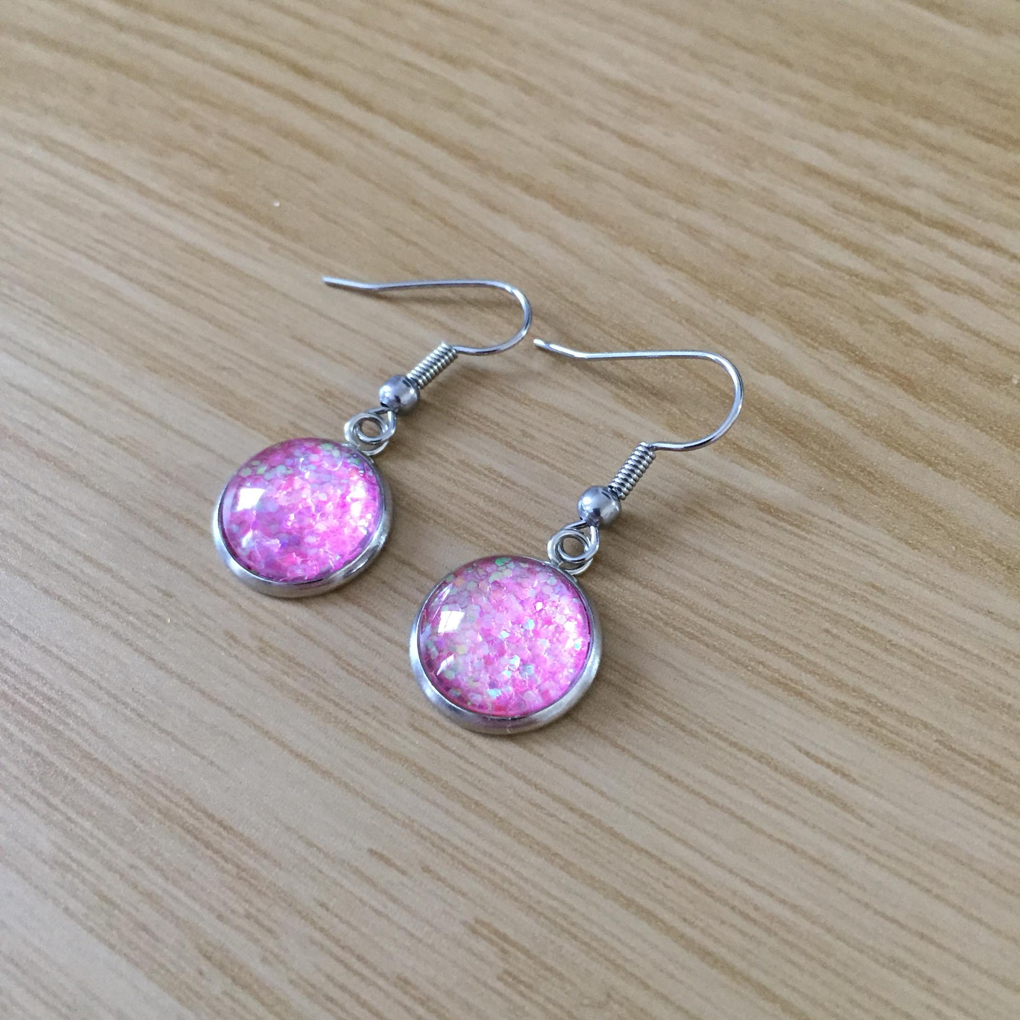 Handmade Light Pink Glitter Cabochon Surgical Steel Hook Earrings 14mm
