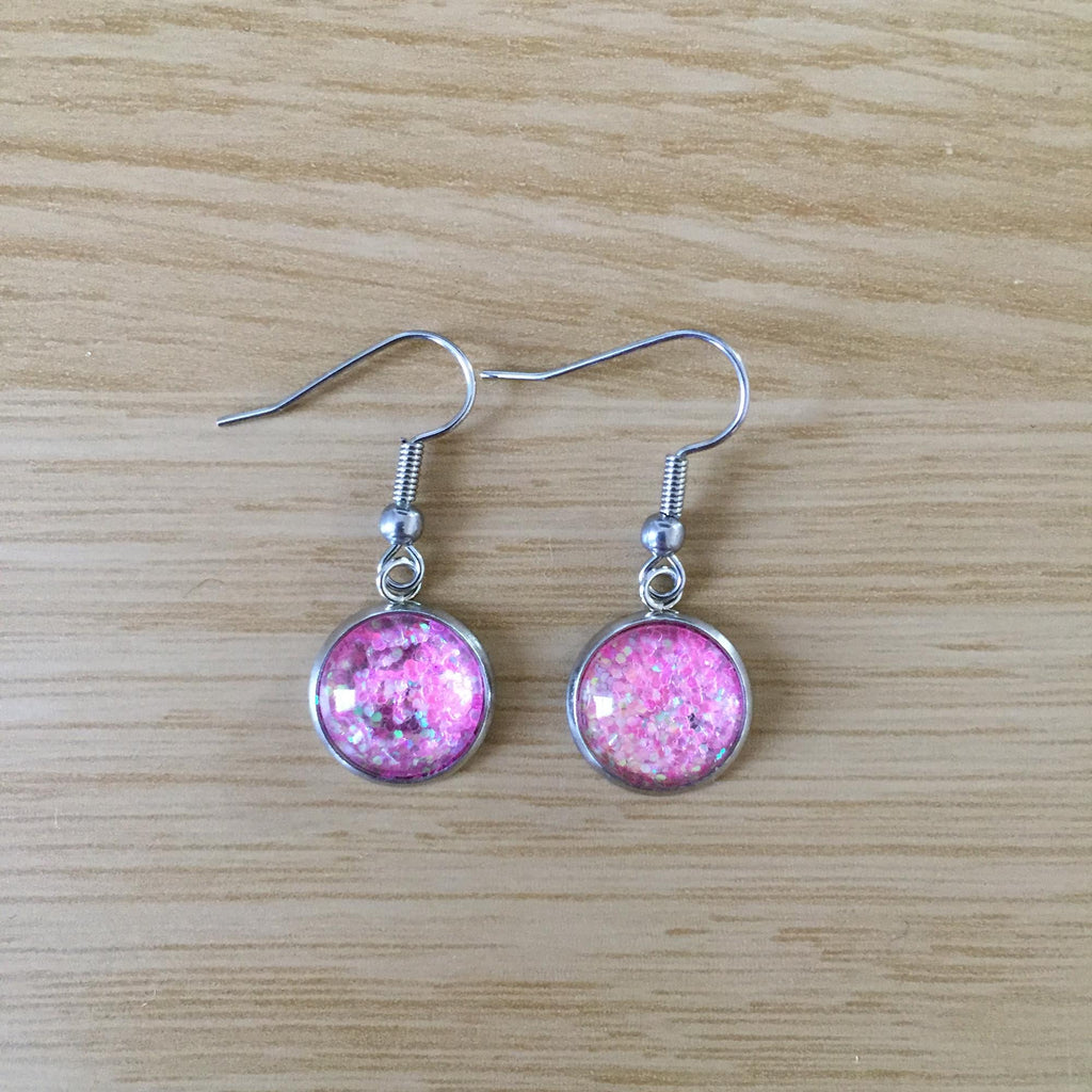 Handmade Light Pink Glitter Cabochon Surgical Steel Hook Earrings 14mm