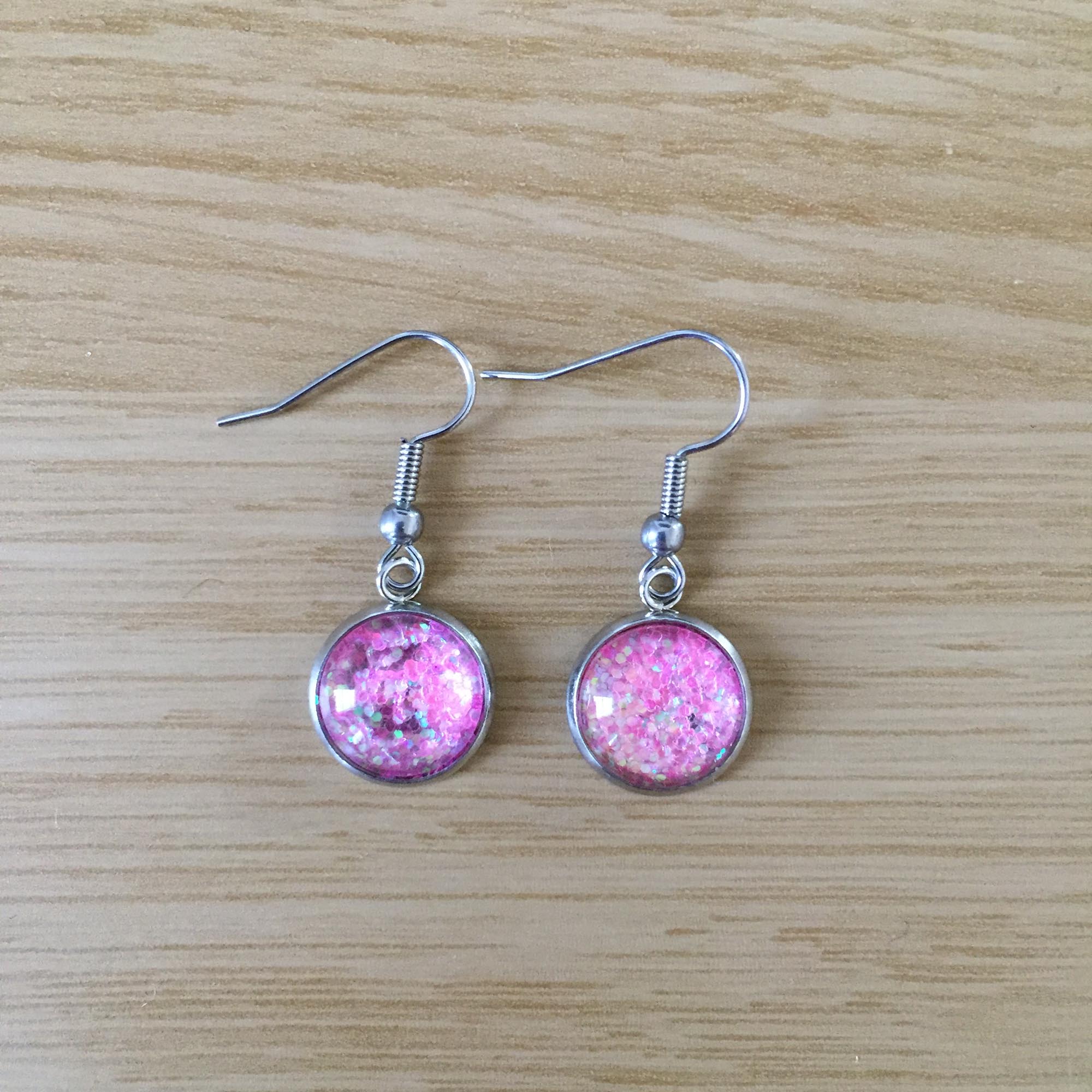 Handmade Light Pink Glitter Cabochon Surgical Steel Hook Earrings 14mm