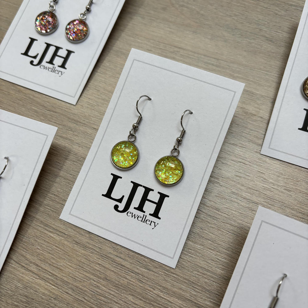 Handmade Yellow Glitter Cabochon Surgical Steel Hook Earrings 14mm
