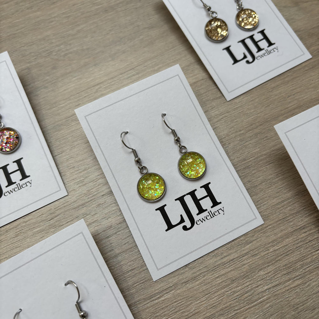 Handmade Yellow Glitter Cabochon Surgical Steel Hook Earrings 14mm