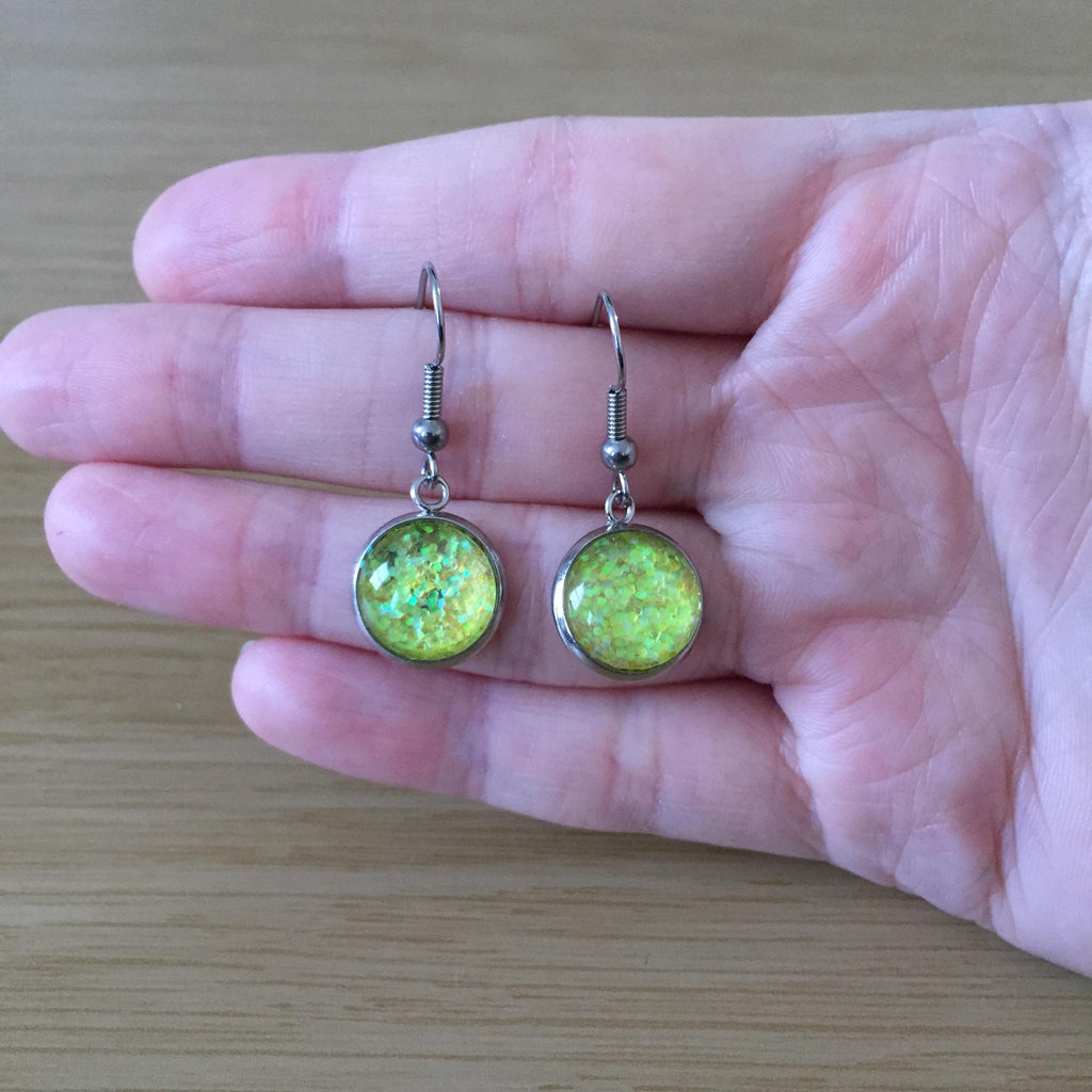 Handmade Yellow Glitter Cabochon Surgical Steel Hook Earrings 14mm