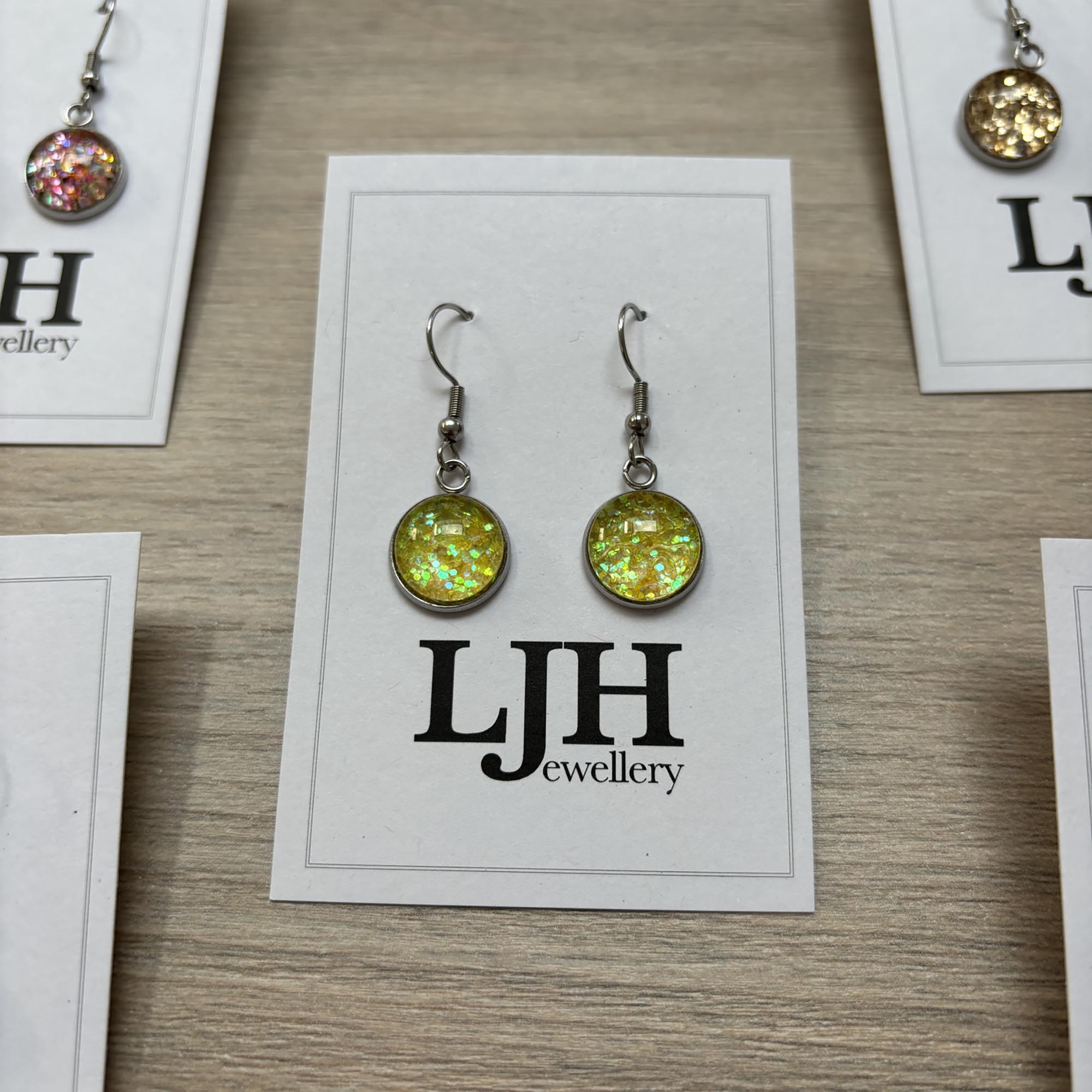 Handmade Yellow Glitter Cabochon Surgical Steel Hook Earrings 14mm