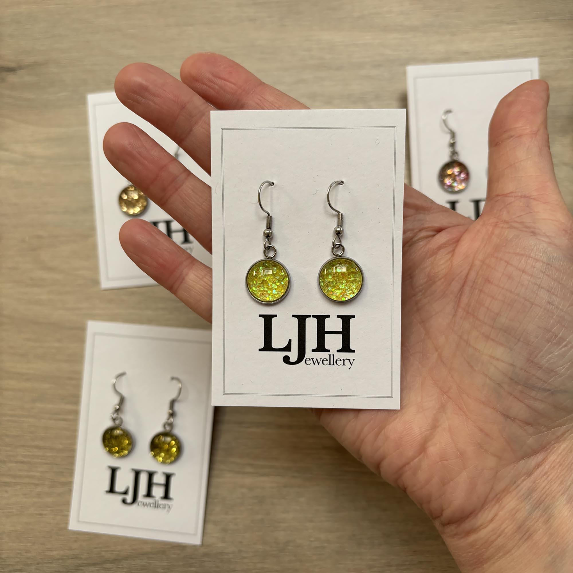Handmade Yellow Glitter Cabochon Surgical Steel Hook Earrings 14mm