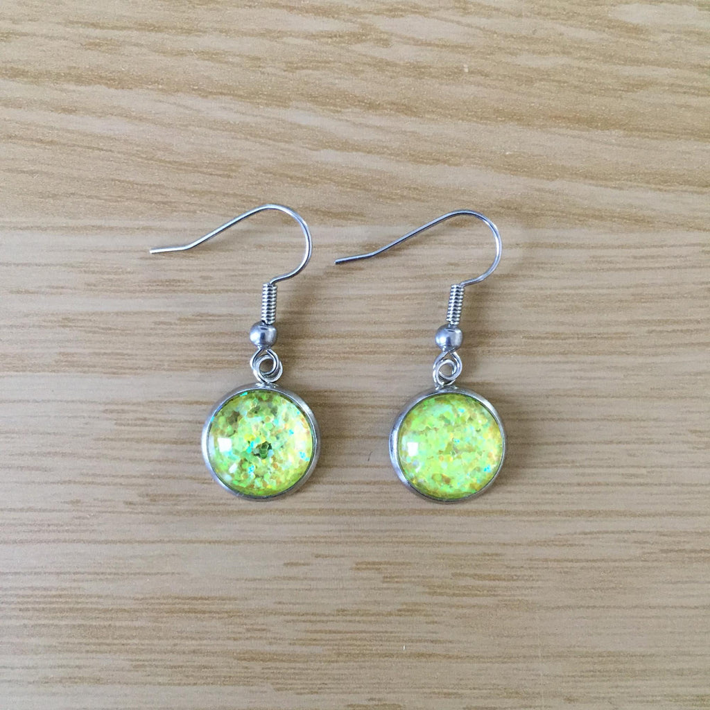 Handmade Yellow Glitter Cabochon Surgical Steel Hook Earrings 14mm