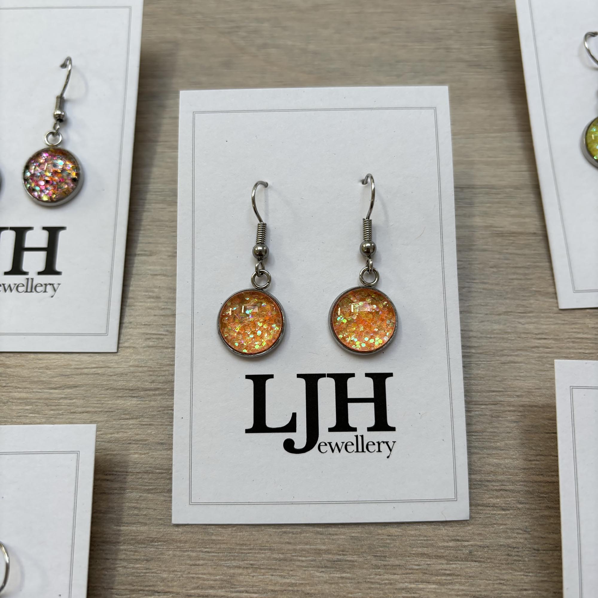 Handmade Orange Glitter Cabochon Surgical Steel Hook Earrings 14mm