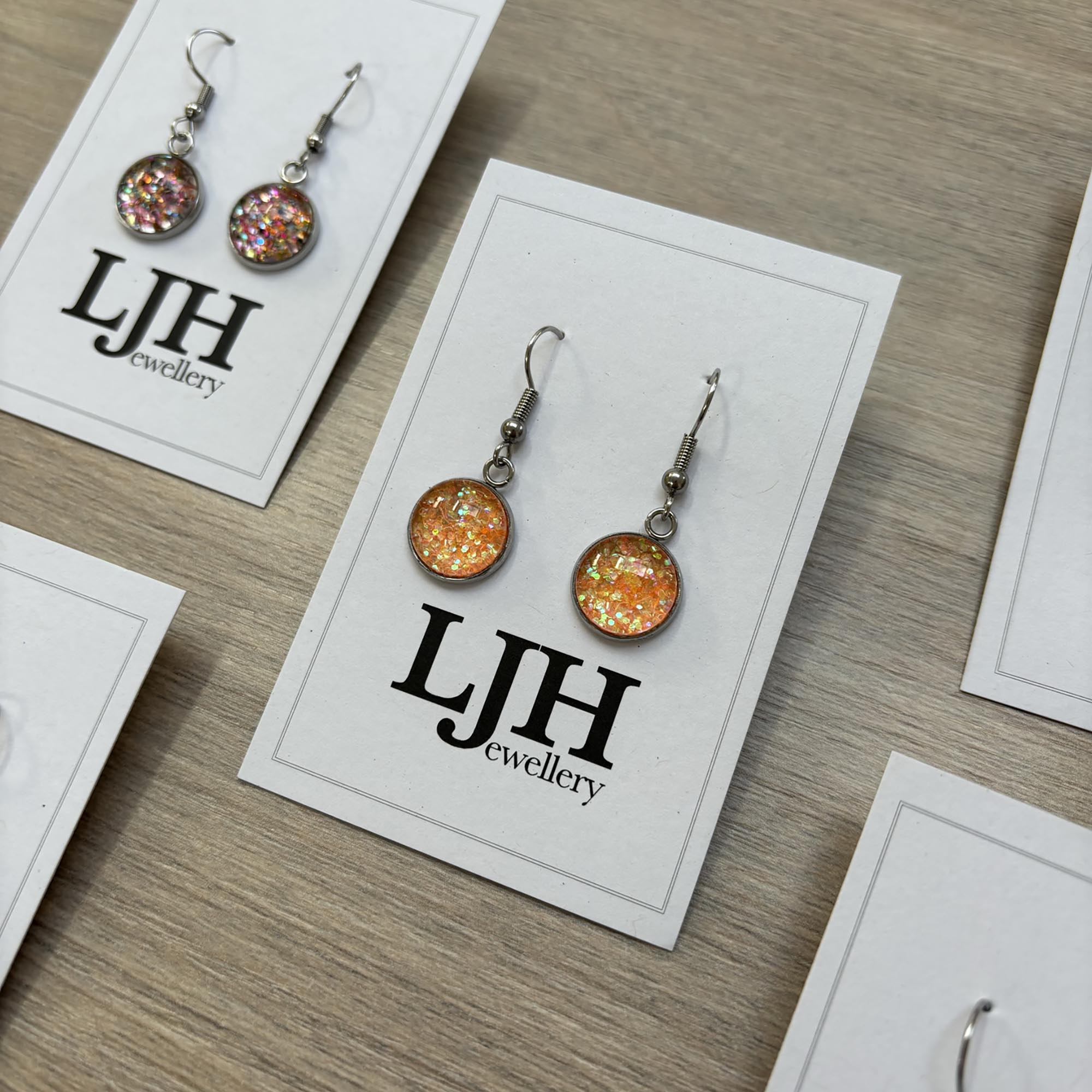 Handmade Orange Glitter Cabochon Surgical Steel Hook Earrings 14mm