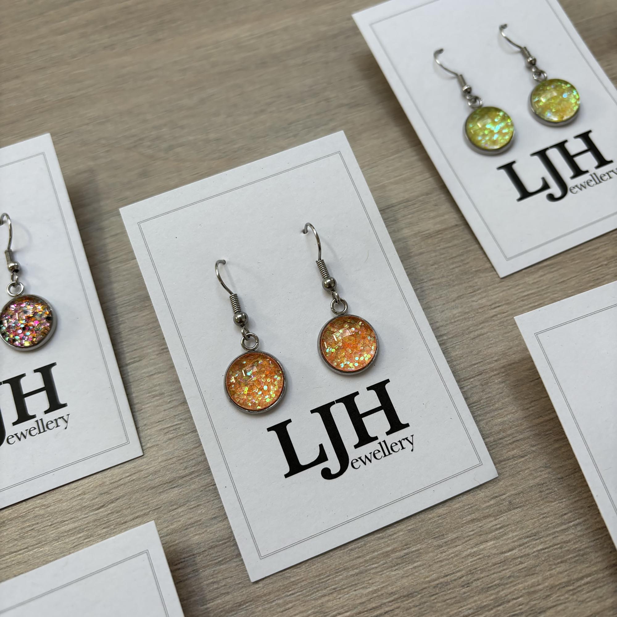 Handmade Orange Glitter Cabochon Surgical Steel Hook Earrings 14mm