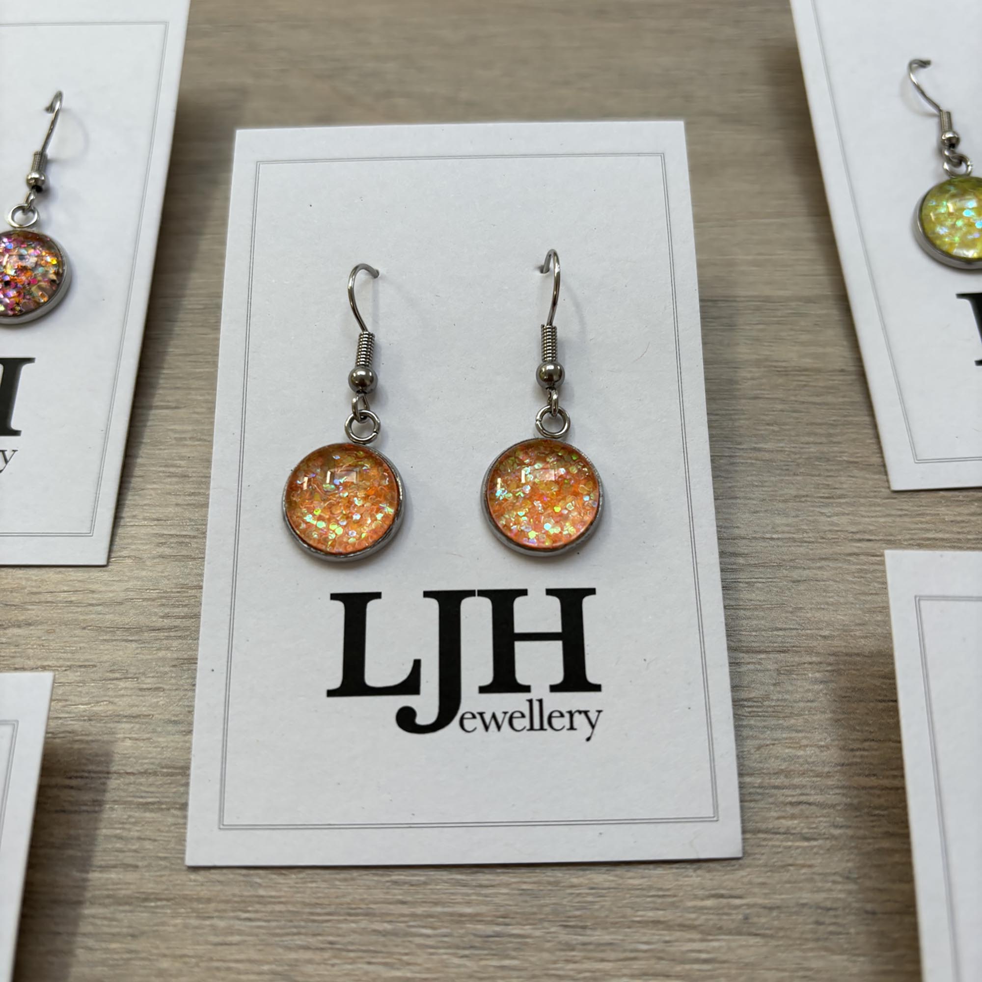 Handmade Orange Glitter Cabochon Surgical Steel Hook Earrings 14mm