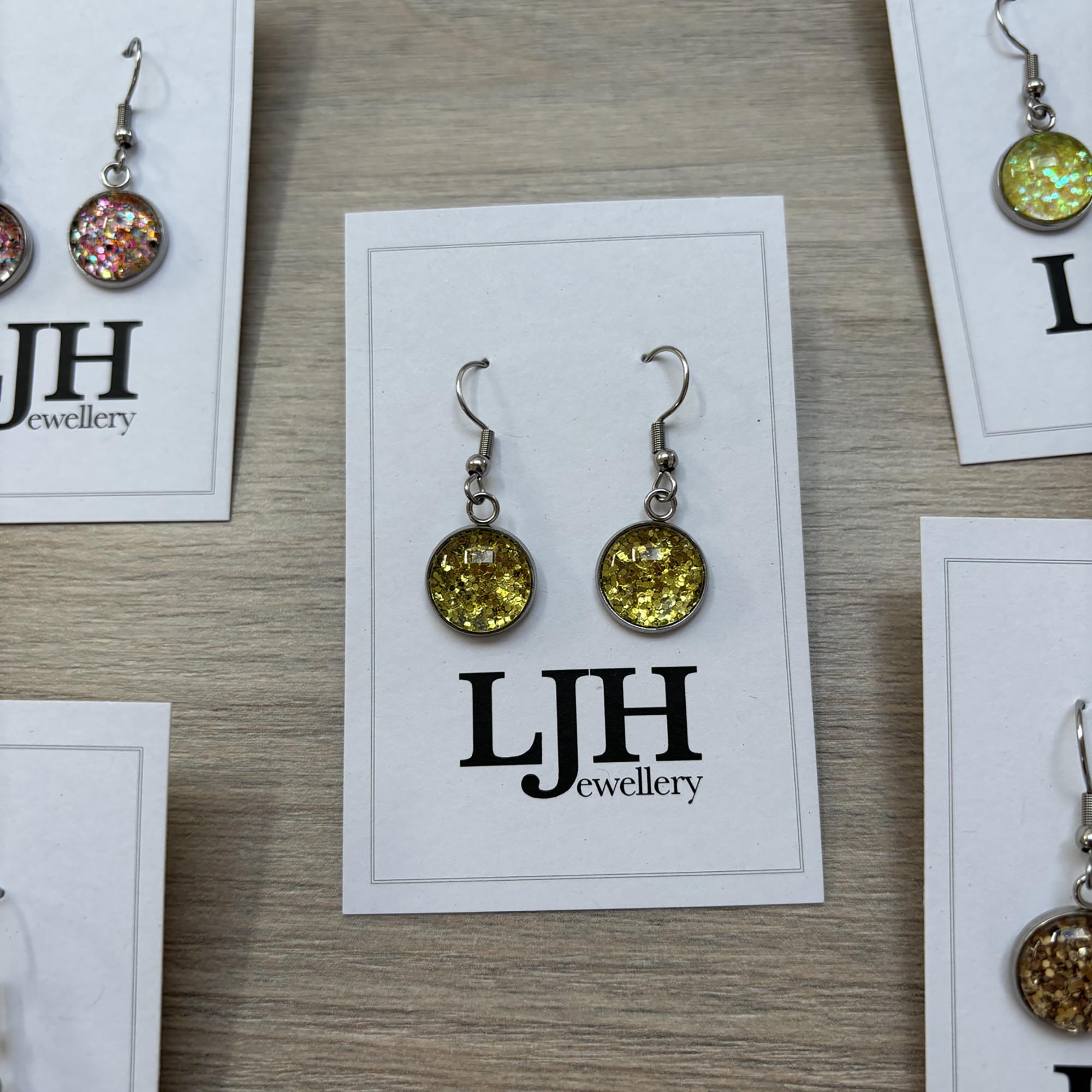 Handmade Lime Green Glitter Cabochon Surgical Steel Hook Earrings 14mm
