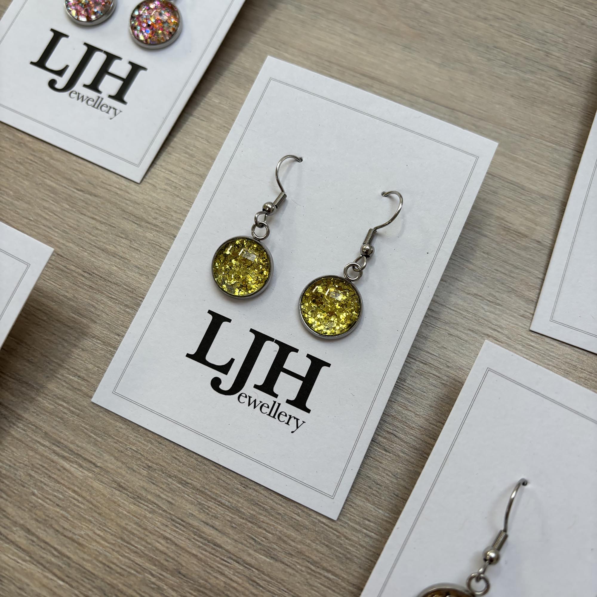 Handmade Lime Green Glitter Cabochon Surgical Steel Hook Earrings 14mm