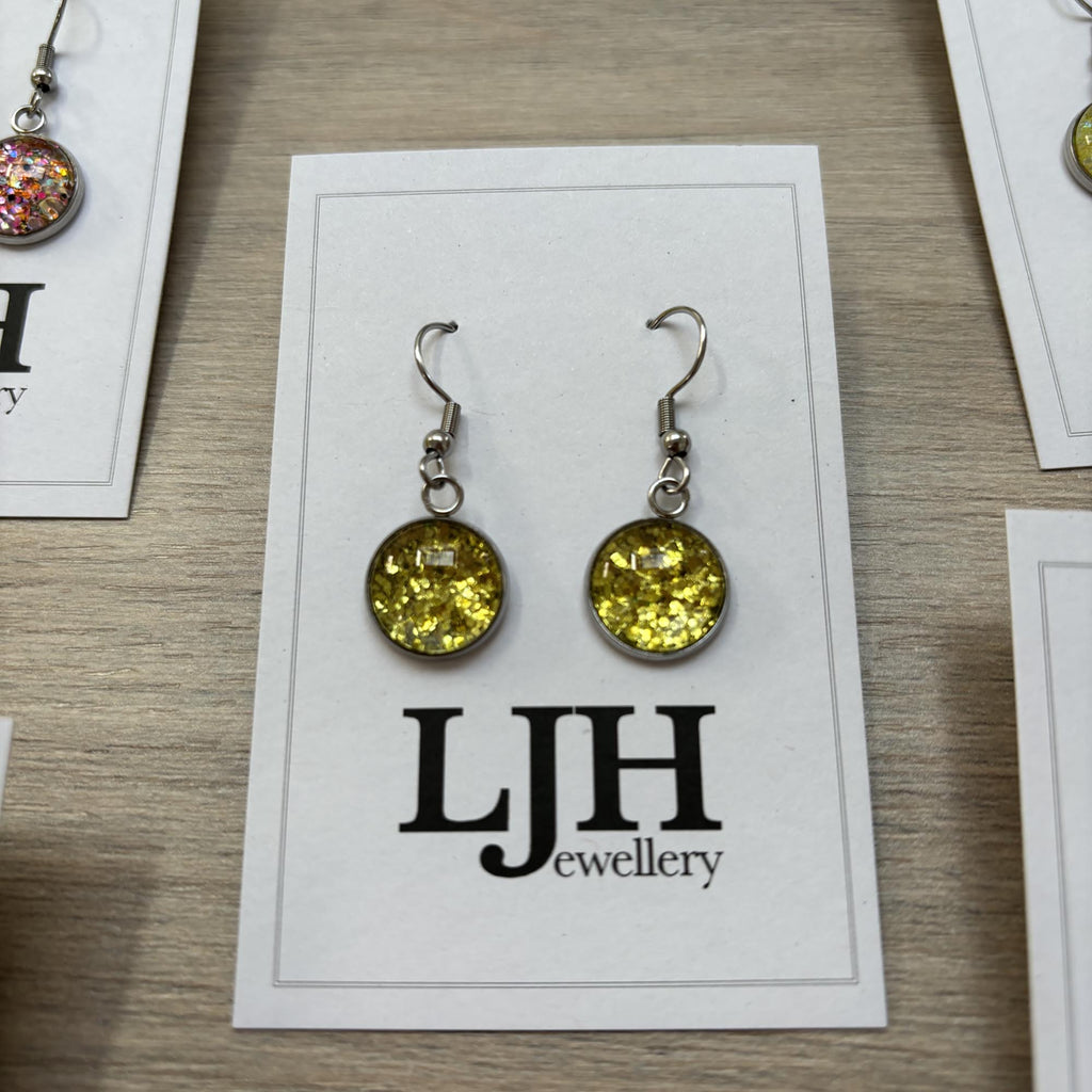 Handmade Lime Green Glitter Cabochon Surgical Steel Hook Earrings 14mm