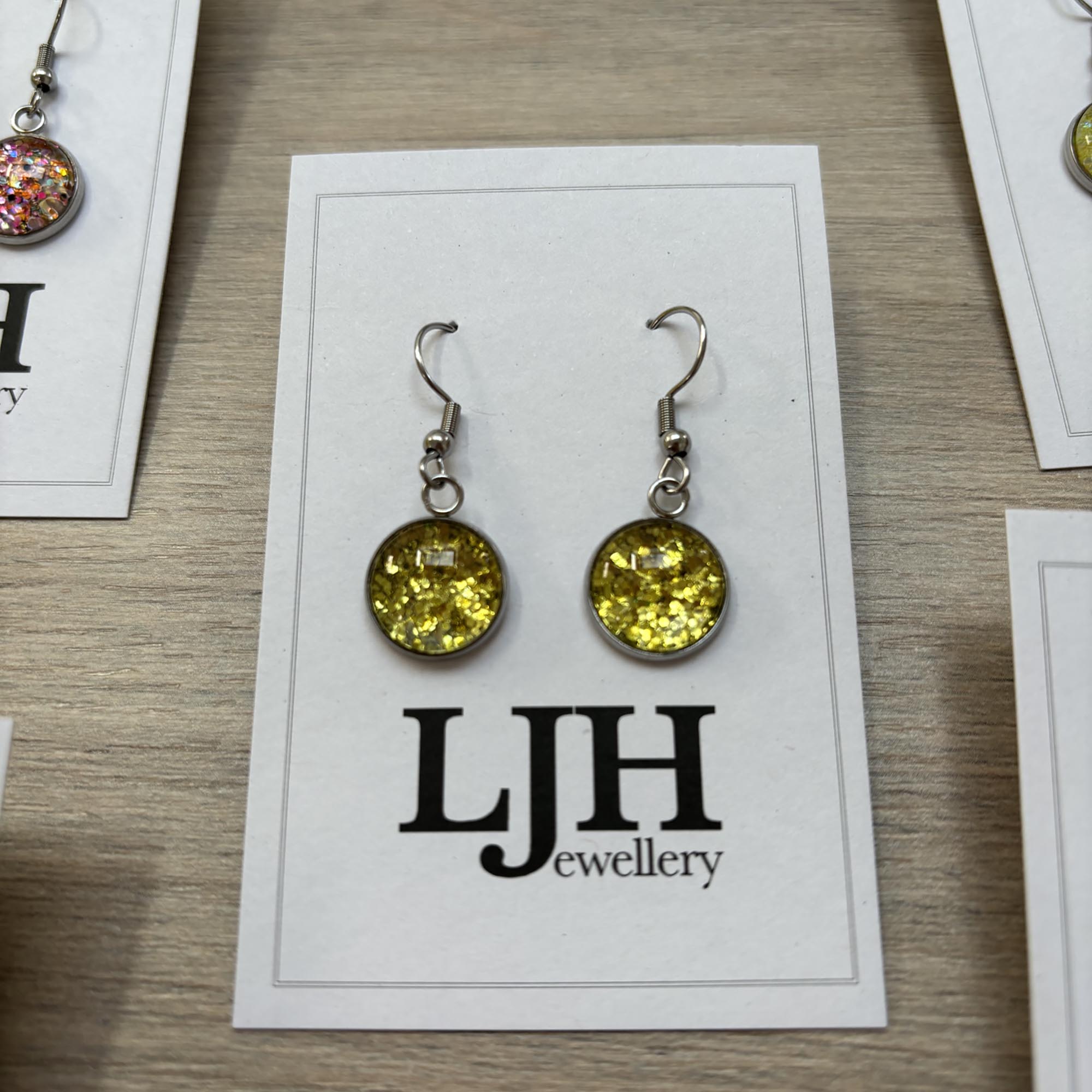 Handmade Lime Green Glitter Cabochon Surgical Steel Hook Earrings 14mm