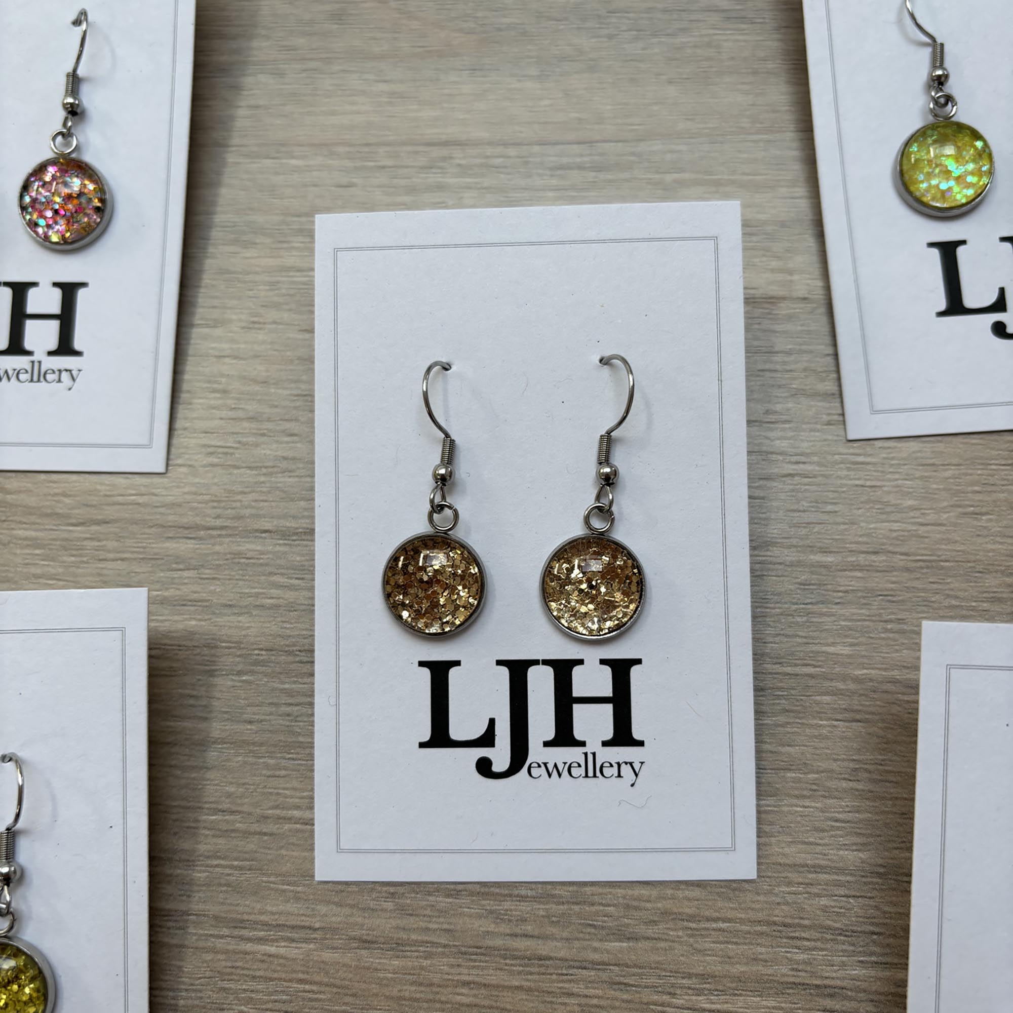 Handmade Gold Glitter Cabochon Surgical Steel Hook Earrings 14mm