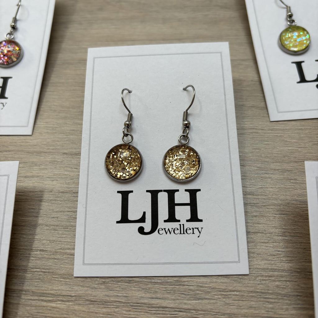 Handmade Gold Glitter Cabochon Surgical Steel Hook Earrings 14mm