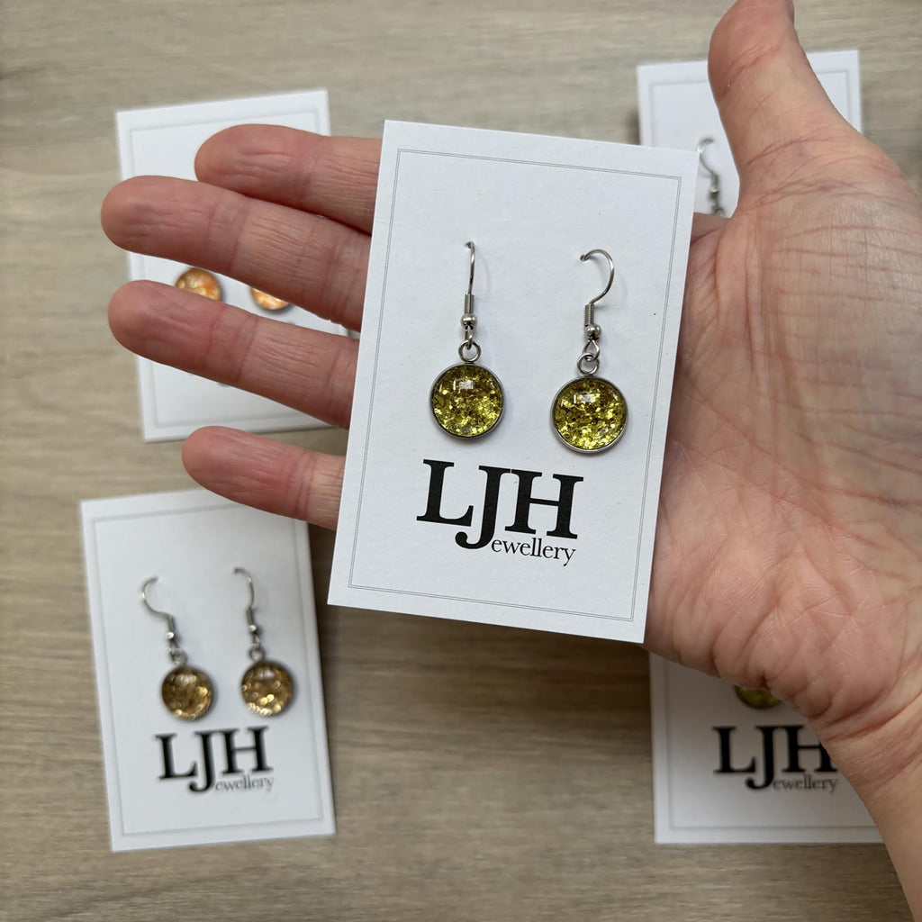Handmade Lime Green Glitter Cabochon Surgical Steel Hook Earrings 14mm