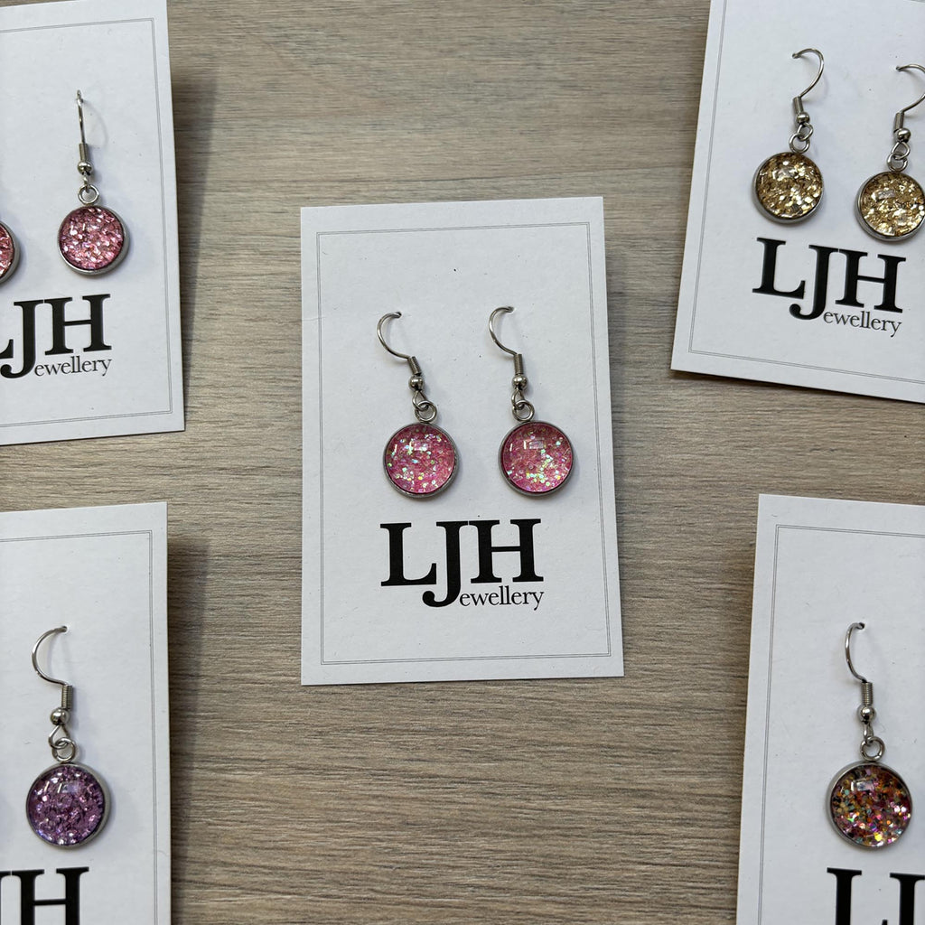 Handmade Light Pink Glitter Cabochon Surgical Steel Hook Earrings 14mm