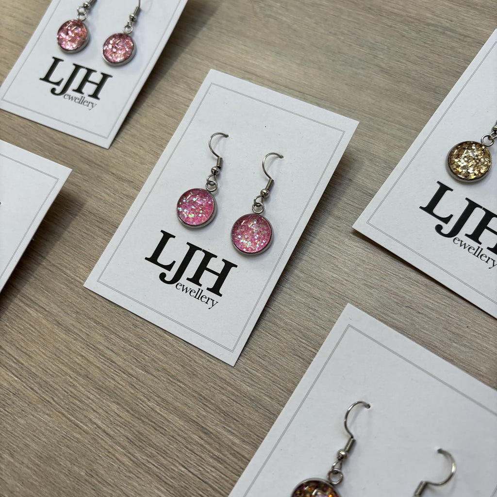 Handmade Light Pink Glitter Cabochon Surgical Steel Hook Earrings 14mm