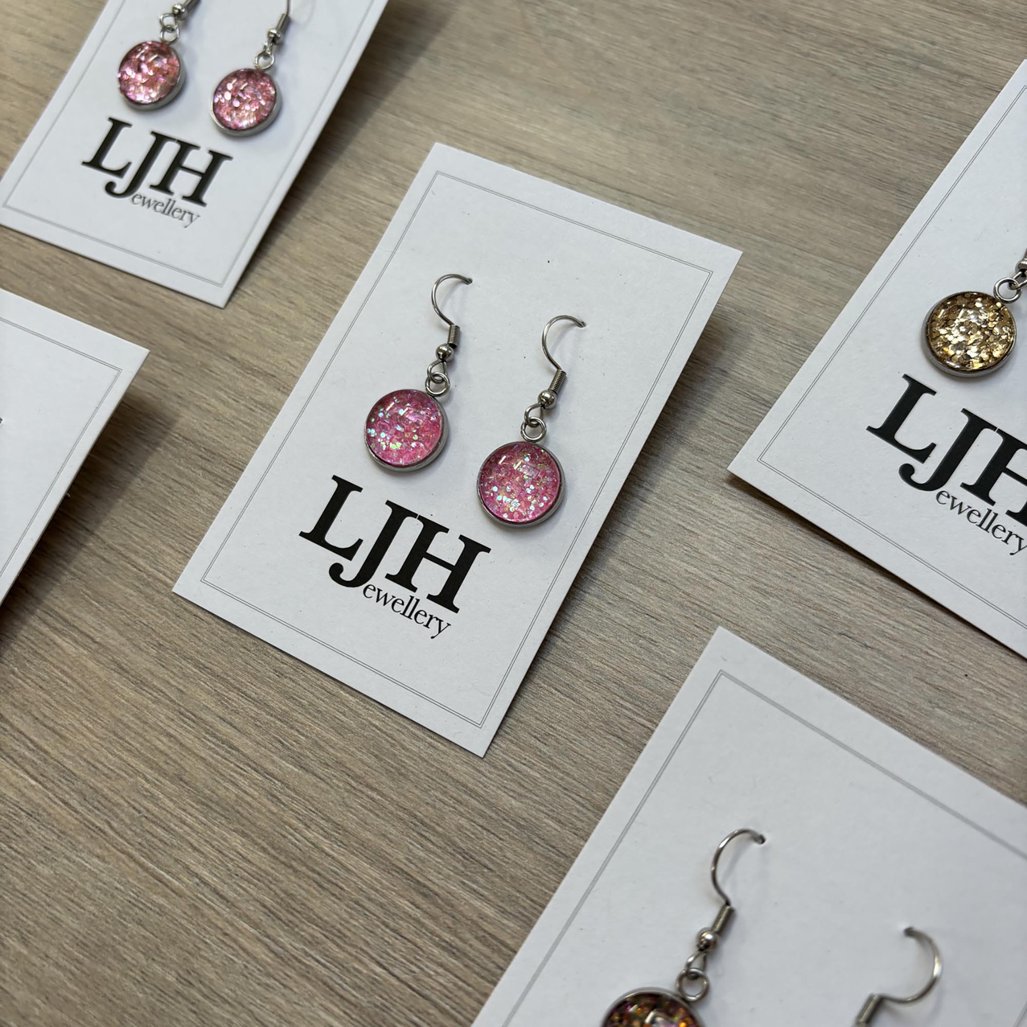 Handmade Light Pink Glitter Cabochon Surgical Steel Hook Earrings 14mm