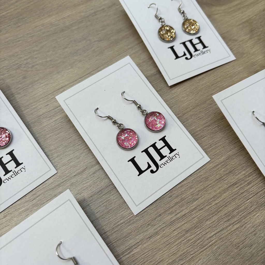Handmade Light Pink Glitter Cabochon Surgical Steel Hook Earrings 14mm