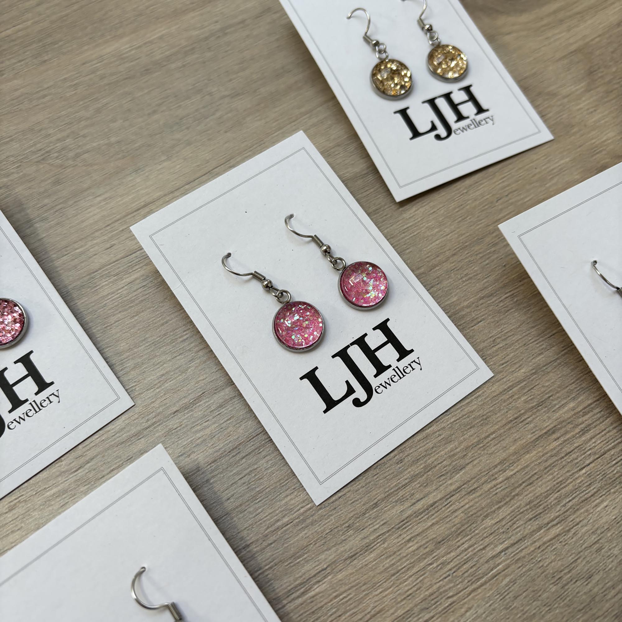 Handmade Light Pink Glitter Cabochon Surgical Steel Hook Earrings 14mm