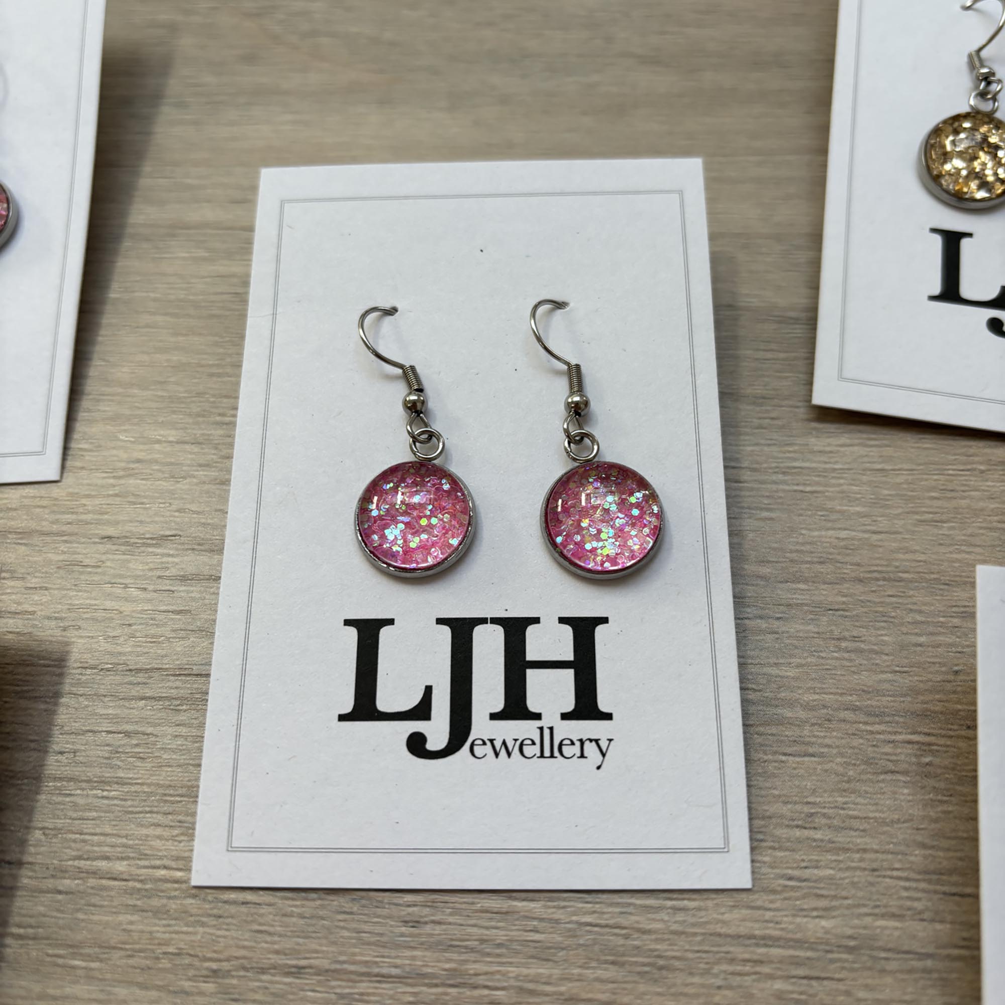 Handmade Light Pink Glitter Cabochon Surgical Steel Hook Earrings 14mm