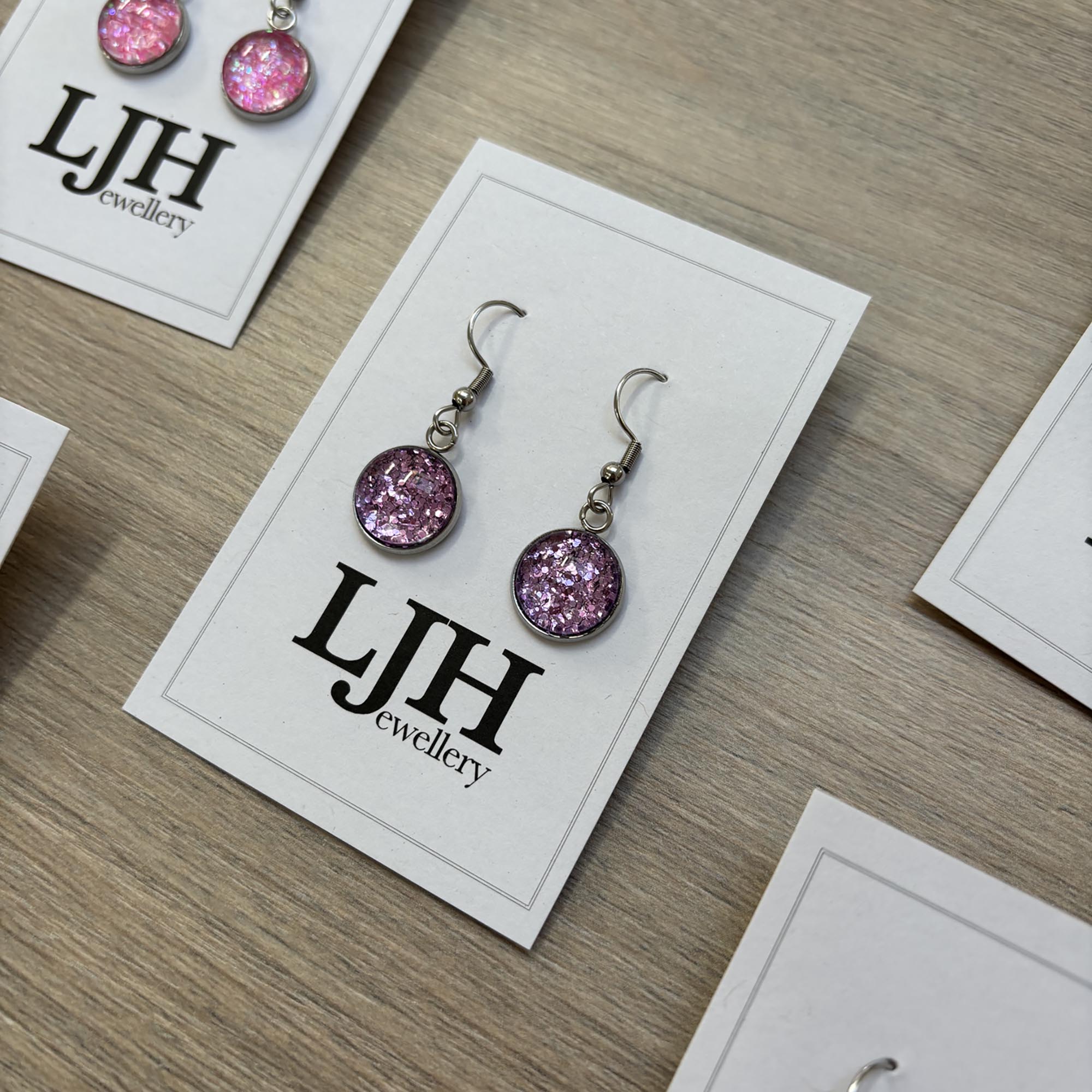 Handmade Purple Glitter Cabochon Surgical Steel Hook Earrings 14mm