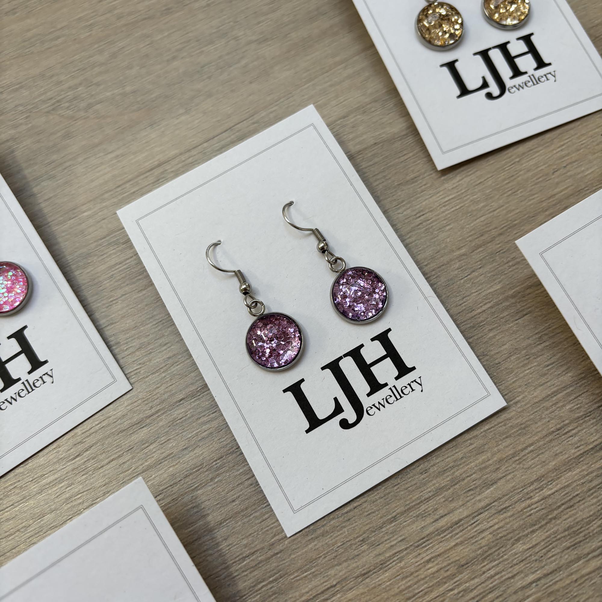 Handmade Purple Glitter Cabochon Surgical Steel Hook Earrings 14mm
