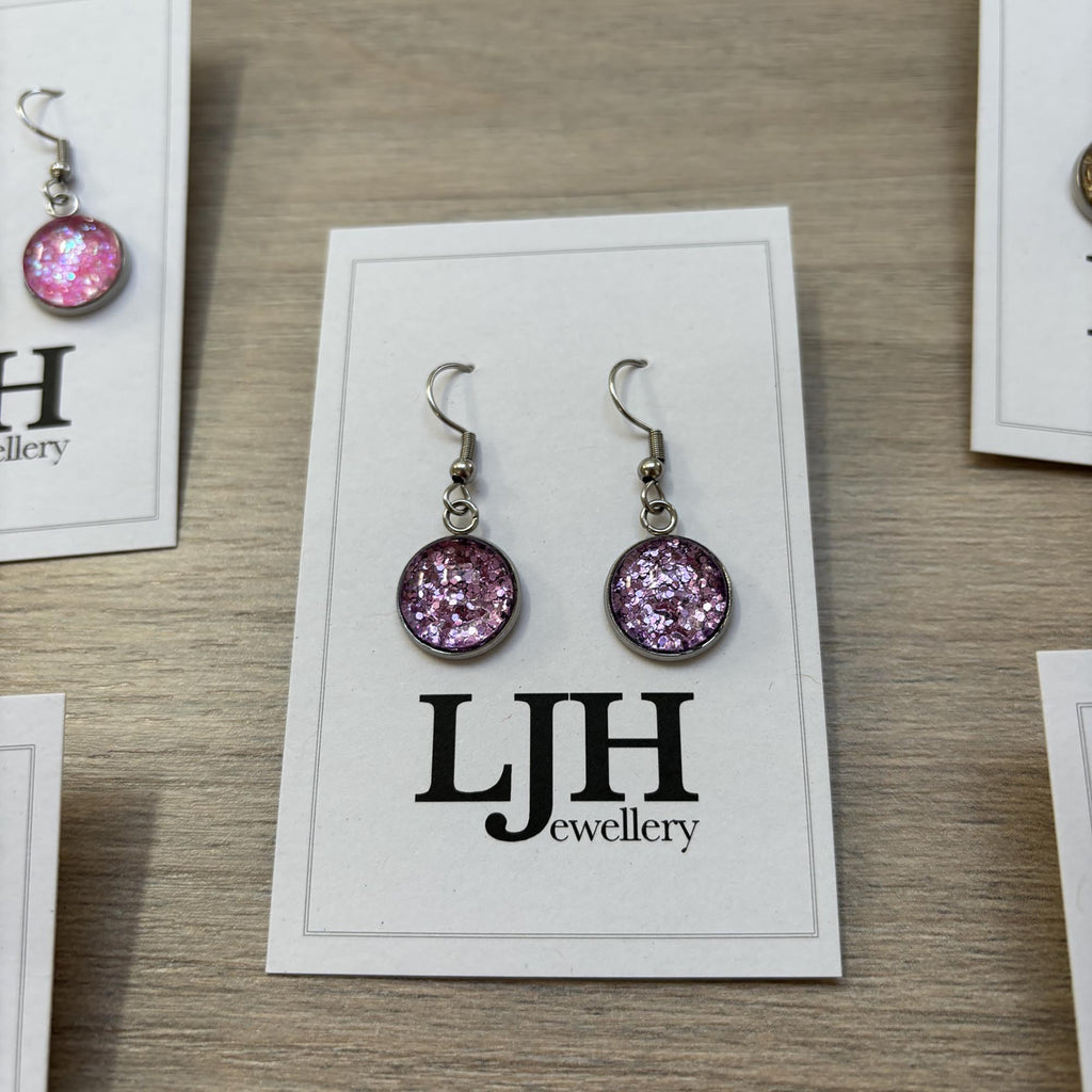 Handmade Purple Glitter Cabochon Surgical Steel Hook Earrings 14mm