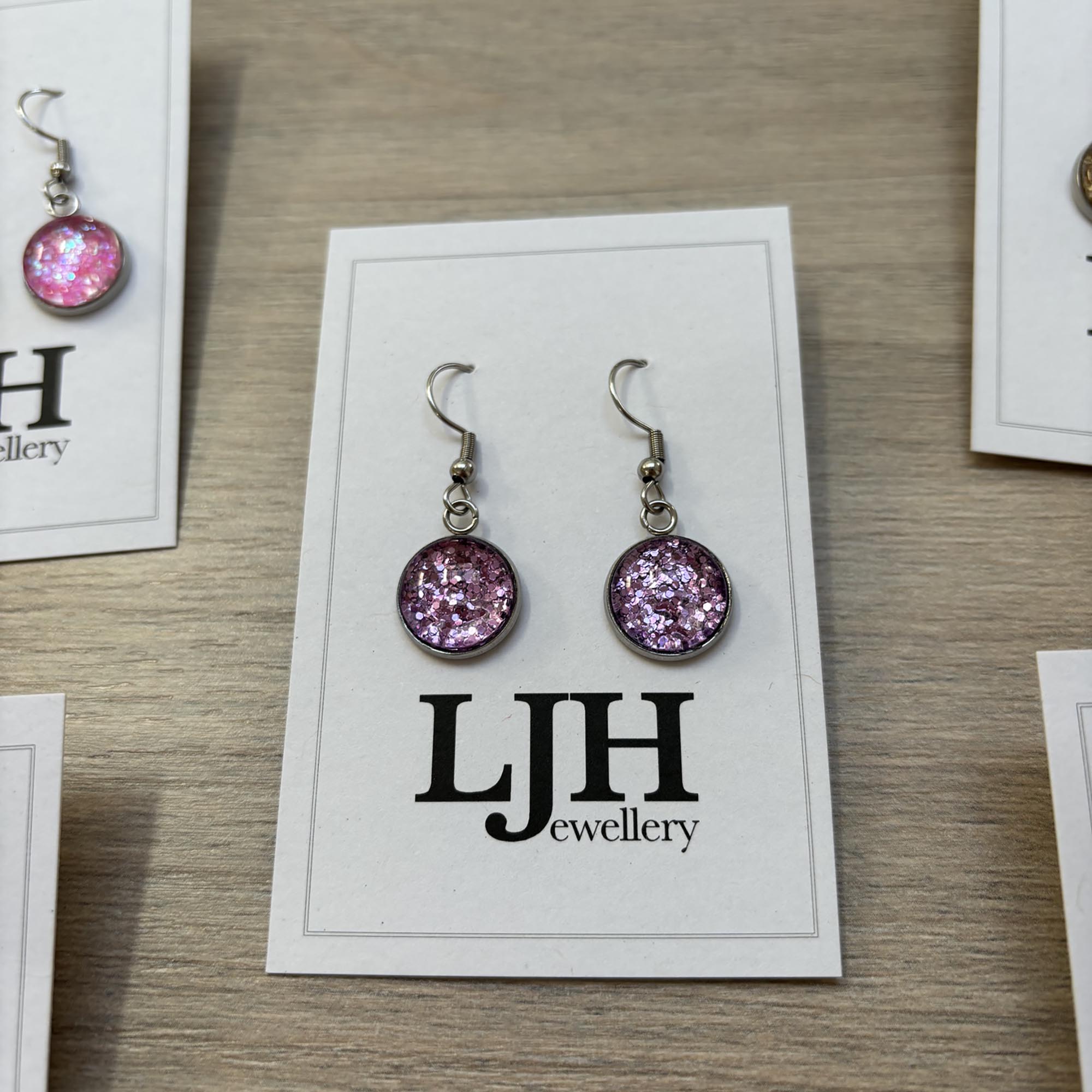 Handmade Purple Glitter Cabochon Surgical Steel Hook Earrings 14mm