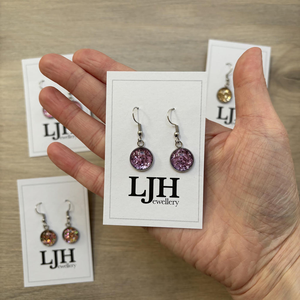 Handmade Purple Glitter Cabochon Surgical Steel Hook Earrings 14mm